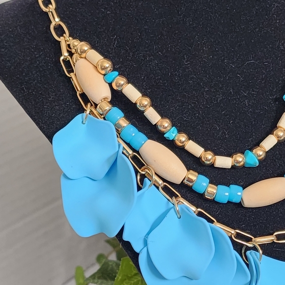 Boho Blue Multi Strand Petal Necklace Earrings Set New - Picture 3 of 7